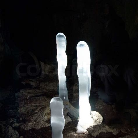 Luminescent Ice Stalagmites In The Cave Stock Image Colourbox