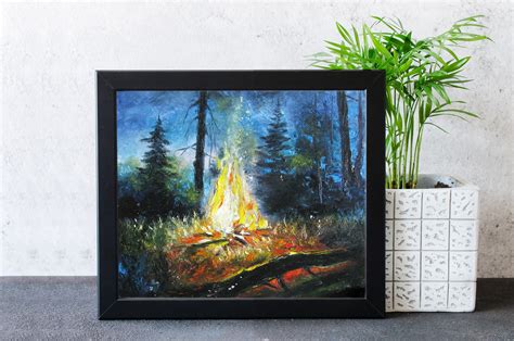 Campfire Painting Bonfire Original Art Fireplace Artwork Etsy