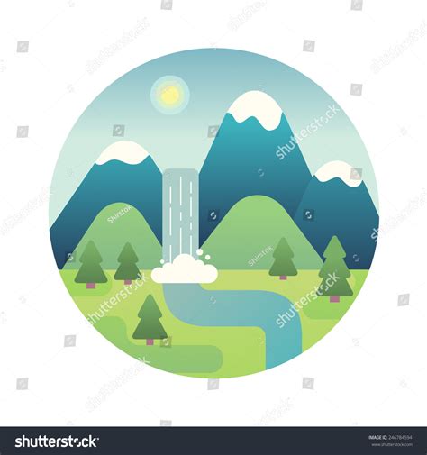 Landscape Illustration Mountain River And Waterfall Flat Design Icon