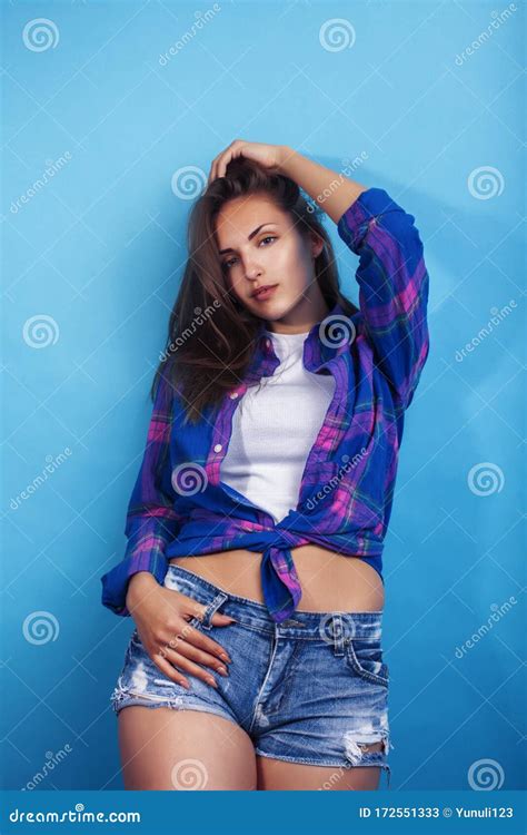 Young Pretty Girl Posing Happy Smiling On Blue Background Lifestyle People On Summer Vacation