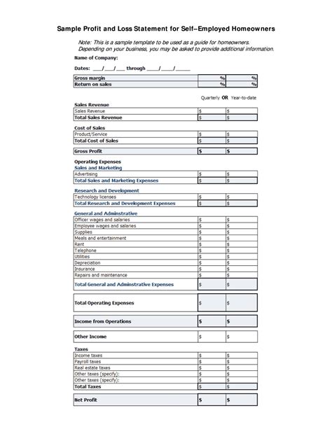 Profit And Loss Statement Template Small Business