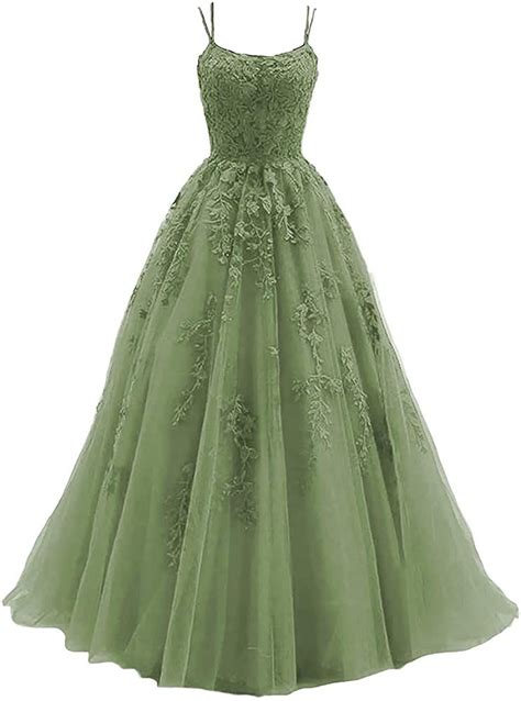 Chicbridal A Line Formal Dress Spaghetti Straps Ball Gowns Tulle Lace Appliques