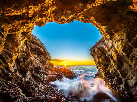Malibu Beach Sea Cave Brilliant Sunset Leo Carillo State Beach Red