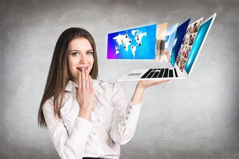Young Woman Holds Laptop Stock Image Image Of Open Female 60135103