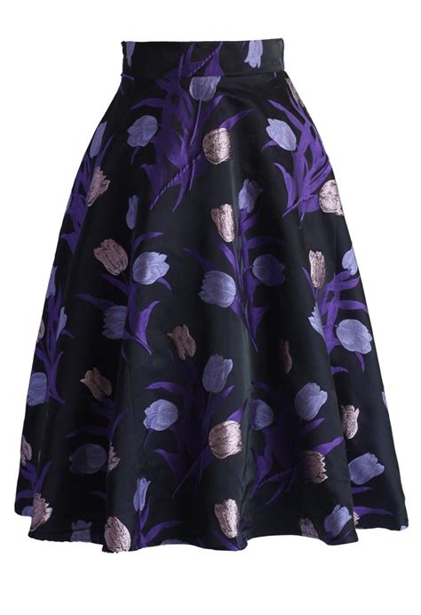 Purple Tulips A Line Midi Skirt Retro Indie And Unique Fashion