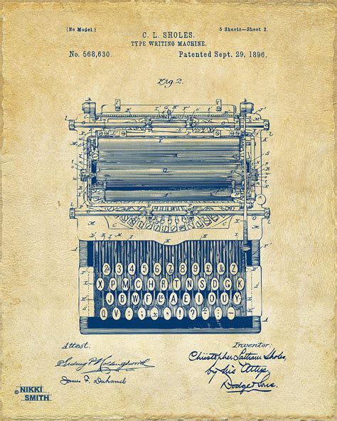 1896 Type Writing Machine Patent Artwork Vintage By Nikki Marie Smith