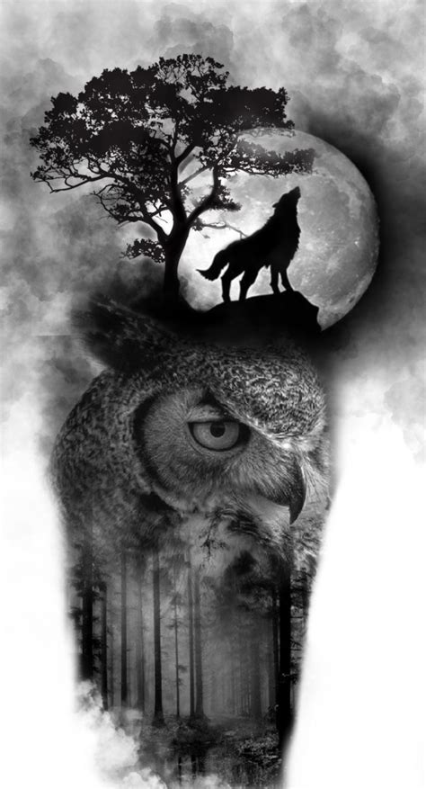 Owl Trees Woods Wolf Tattoo Design Wolf Tattoo Sleeve Wolf Tattoo