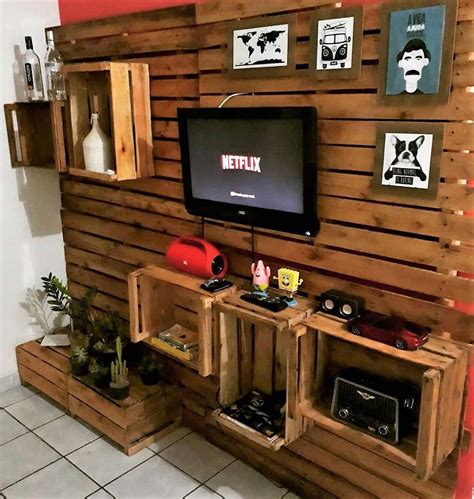 Wood Pallets Wall Media Console And Shelving Woodwork Wood Pallet