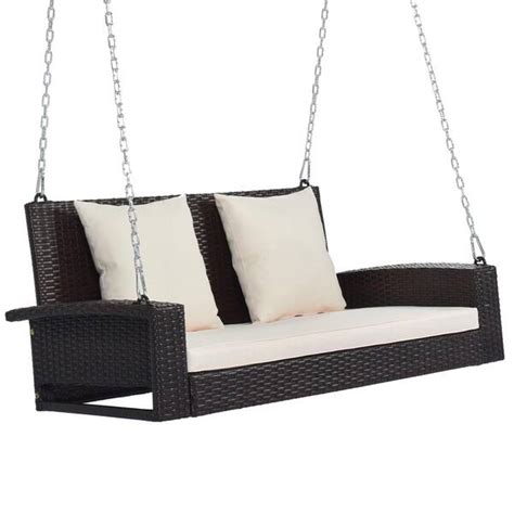 Tenleaf 2 Person Brown Wicker Hanging Porch Swing With Beige Cushions