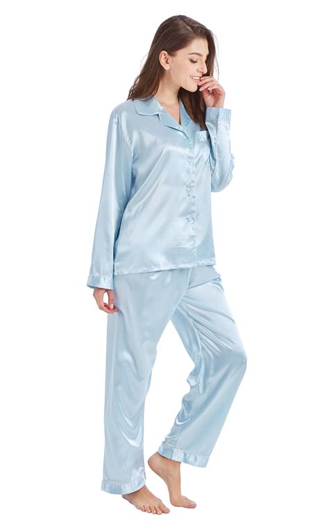 Women S Silk Satin Pajama Set Long Sleeve Light Blue With White Piping Tony And Candice