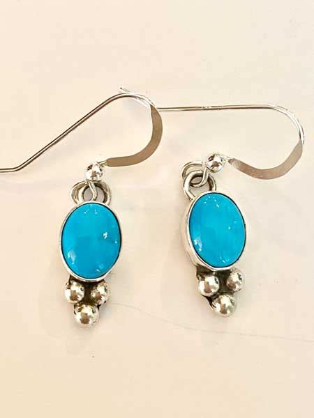 Kingman Turquoise Oval Earrings With Sterling Silver Beads Native
