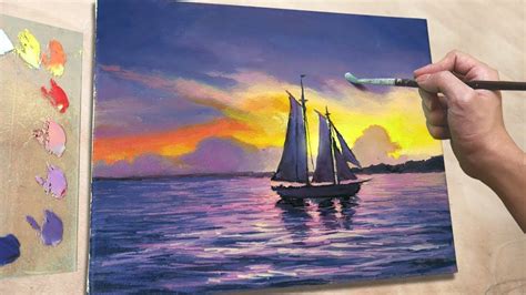 Acrylic Painting Sailboat On Sunset Seascape Youtube Painting Demo