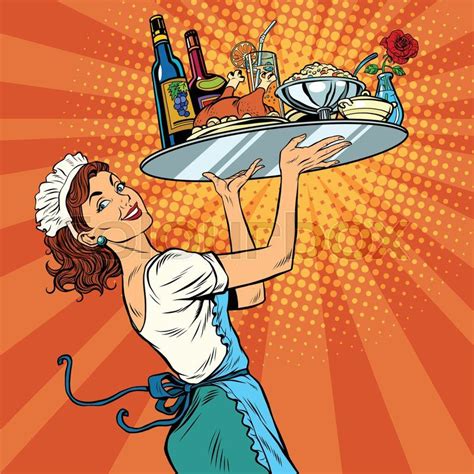 Stock Vector Of Beautiful Young Woman Waitress In A Restaurant Pop Art Retro Vector