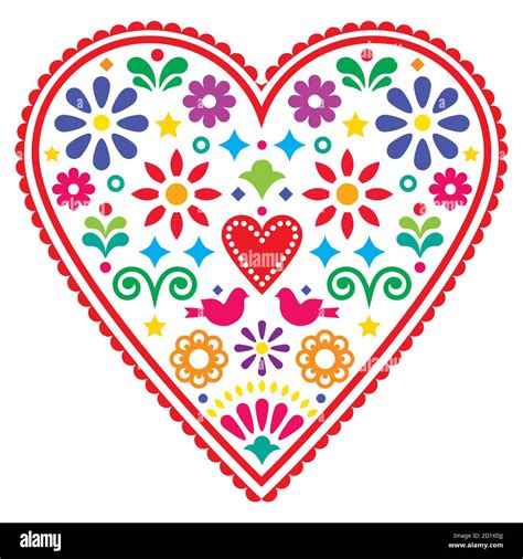 Mexican Heart Folk Art Vector Design Valentines Day Or Wedding Invitation Greeting Card With