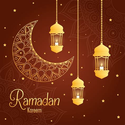 Ramadan Kareem Kaart Met Maan En Gouden Lantaarn Opknoping Premium Vector