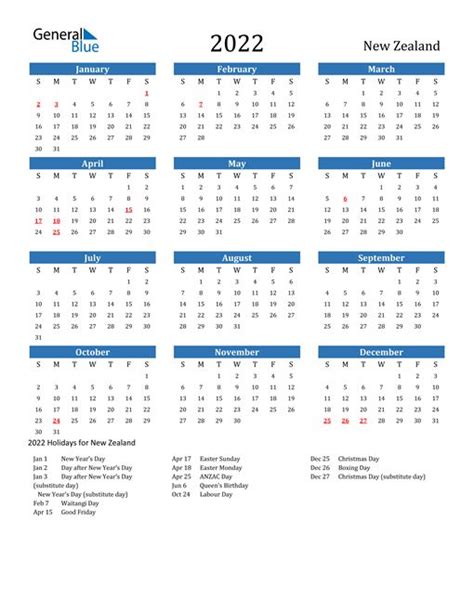 2022 Calendar New Zealand With Holidays Calendar Printables Usa