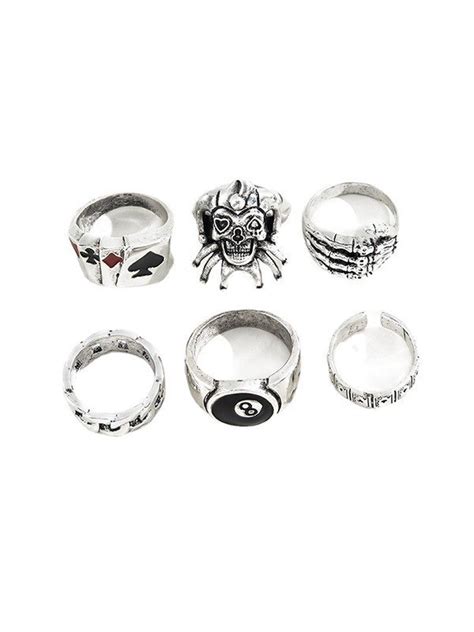 Emmiol Free Shipping 2023 Mens 6pcs Silver Punk Ring Silver One Size