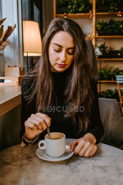 Woman Drinking Coffee In Cafe — Trendy Beautiful Stock Photo
