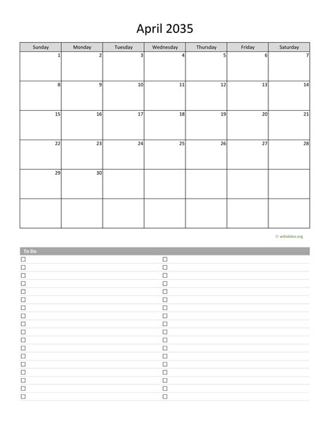 April 2035 Calendar With To Do List