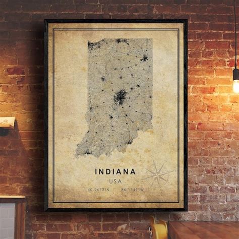 Indiana Vintage Map Print Indiana Map Art Indiana City Etsy