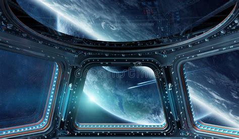 View Of Outer Space From A Space Station Window 3d Rendering Elements