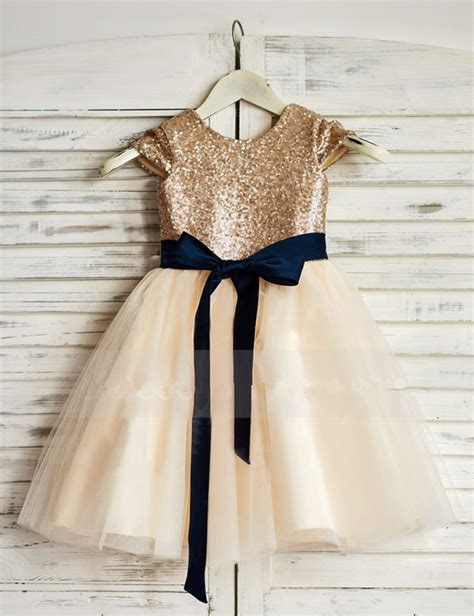 Sparkly Rose Gold Sequins Long Flower Girl Dress With Navy Blue Sash On