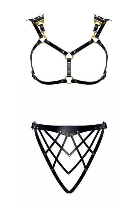 Celine Open Cup Lingerie Set • Art Deco Lingerie • Black And Gold Darkest Fox