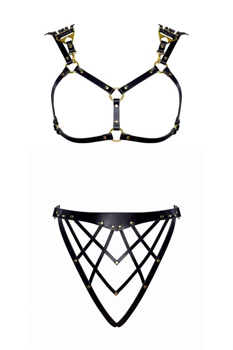 Celine Open Cup Lingerie Set &bull; Art Deco Lingerie &bull; Black & Gold