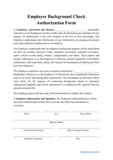 Employee Background Check Authorization Form Download Printable Pdf