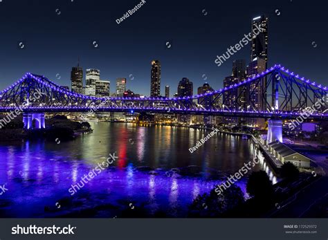 Brisbane Australia Story Bridge At Blue Hour Purple Lights Stock