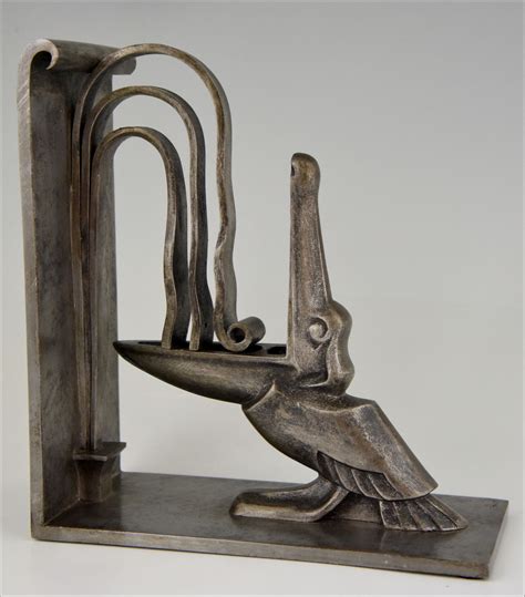 Pair Art Deco Wrought Iron Pelican Bookends Edgar Brandt France 1924