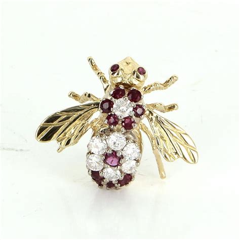 Bumble Bee Pin Diamond Ruby Vintage 14 Karat Yellow Gold Bug Jewelry
