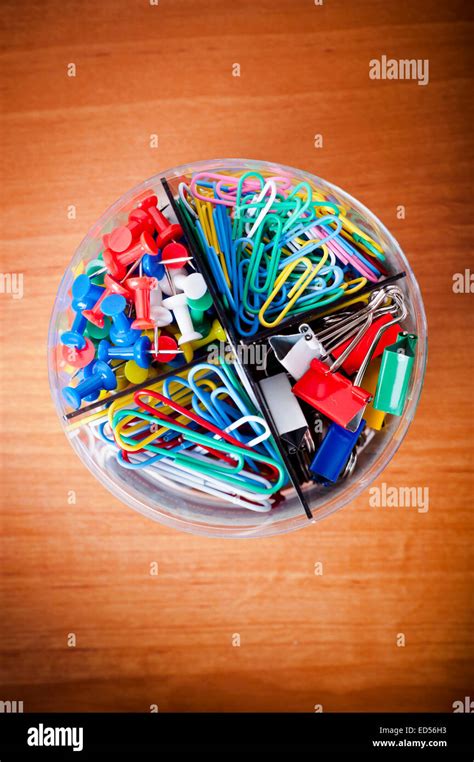 Box With Colorful Office Pins And Clips Stock Photo Alamy