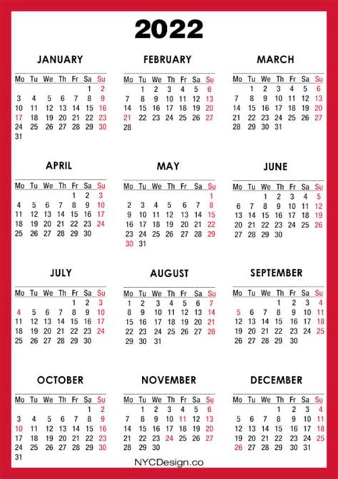 2022 Calendar With Us Holidays Printable A4 Paper Size Red Monday