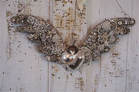metal angel wings with heart wall hanging art shabby cottage