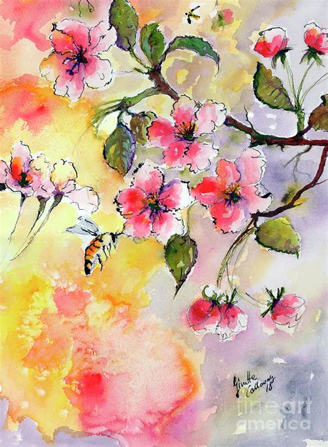 Apple Blossoms And Bee Watercolor Painting By Ginette Callaway Fine
