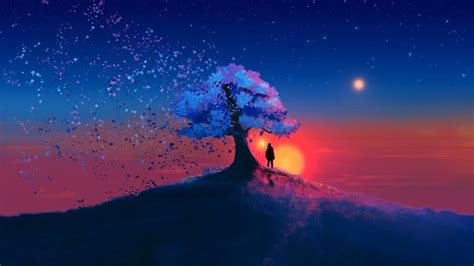 Sunset Scenery Landscape Tree Digital Art Illustration 4k 4