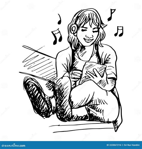 Sketch Of Beautiful Young Girl Listening To Music Stock Vector