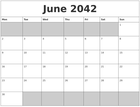June 2042 Blank Printable Calendar
