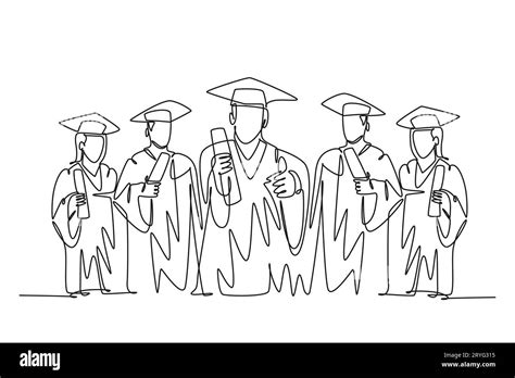 Continuous One Line Drawing Group Of Happy Graduate Male And Female