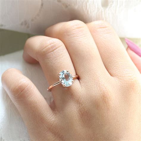 Oval Aquamarine Ring In 14k Rose Gold Low Profile Solitaire Ring Size