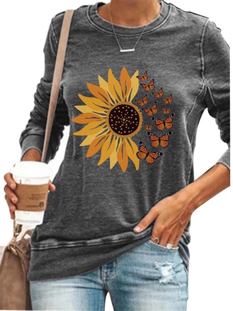 Upairc Women Sunflower Print T Shirt Crew Neck Long Sleeve Casual Loose Tops T Shirts Blouse