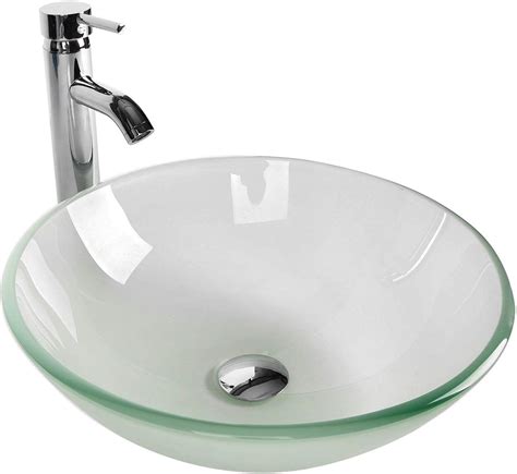 Elecwish Tempered Glass Vessel Bathroom Vanity Sink Round Bowl Chrome