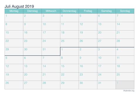 Kalender Juli August 2019 Zum Ausdrucken