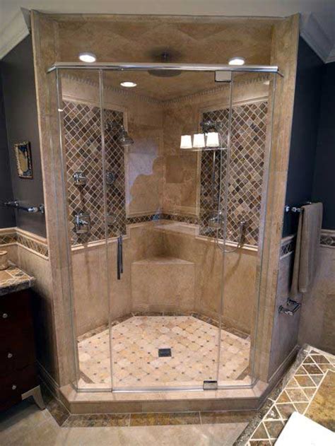 Travertine tile shower straight on bottom, then accent liner, then diagonal at eye level. 10 Walk In Shower Tile Ideas That Radiate Luxury