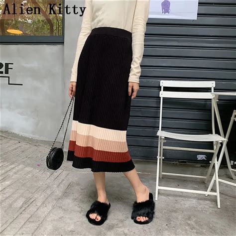 Alien Kitty Patchwork 2019 Spring Autumn Fresh Womens Slim Color Hit Skirts High Waist Skirt