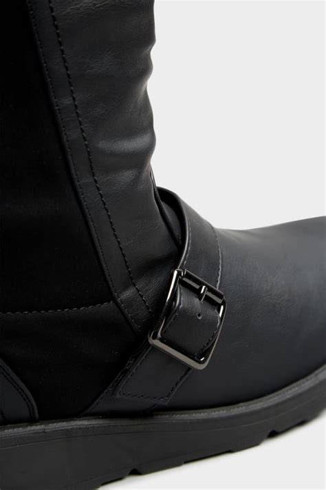 Black Faux Leather Wedge Buckle Boots In Wide E Fit Extra Wide Eee