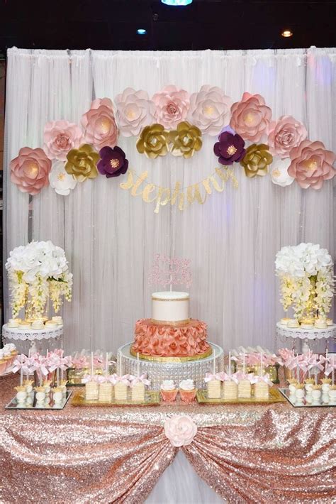 Loving the rose gold cake pops. Sweet 16, backdrop, ideas, rose gold, paper flowers, cake ...