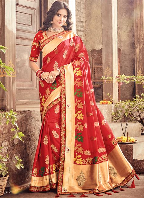 Red Pure Banarasi Silk Designer Wedding Saree