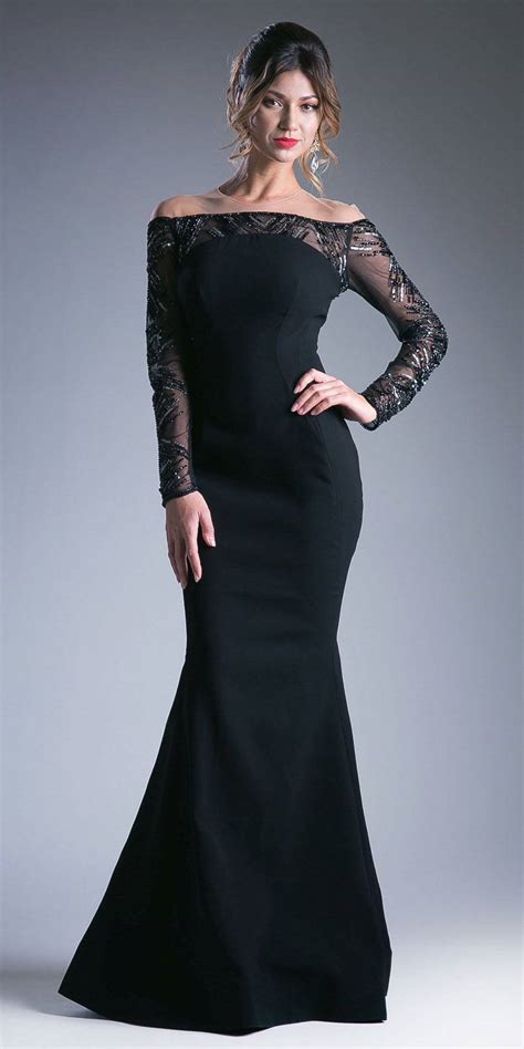 Cinderella Divine 15078 Black Illusion Off Shoulder Evening Gown Long Sleeves Discountdressshop